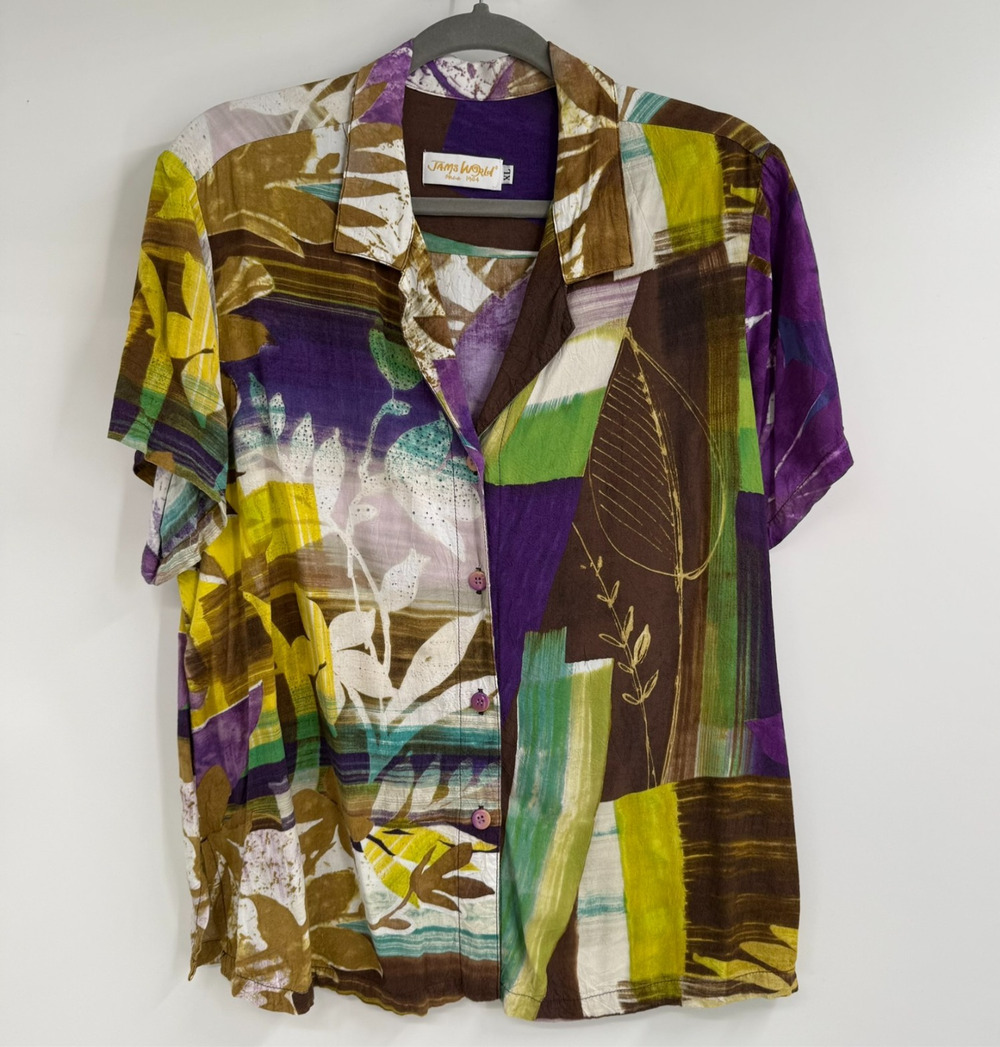 VTG Jams World Hawaiian Shirt Womens XL Rain Shadow Print Patchwork W624-RASH